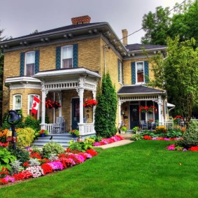 Hoa màu đỏ trong cảnh quan của một ngôi nhà mùa hè