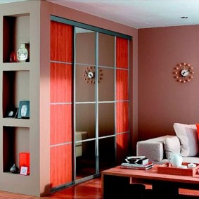 Red partition cabinet with sliding doors