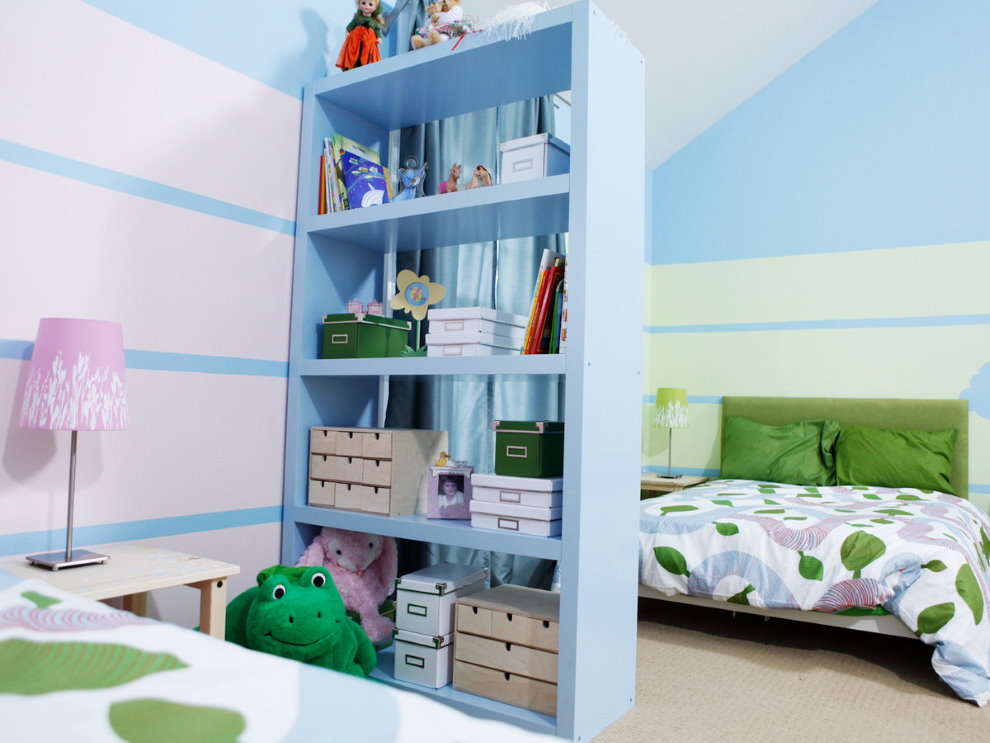 Blue bookcase with baby things