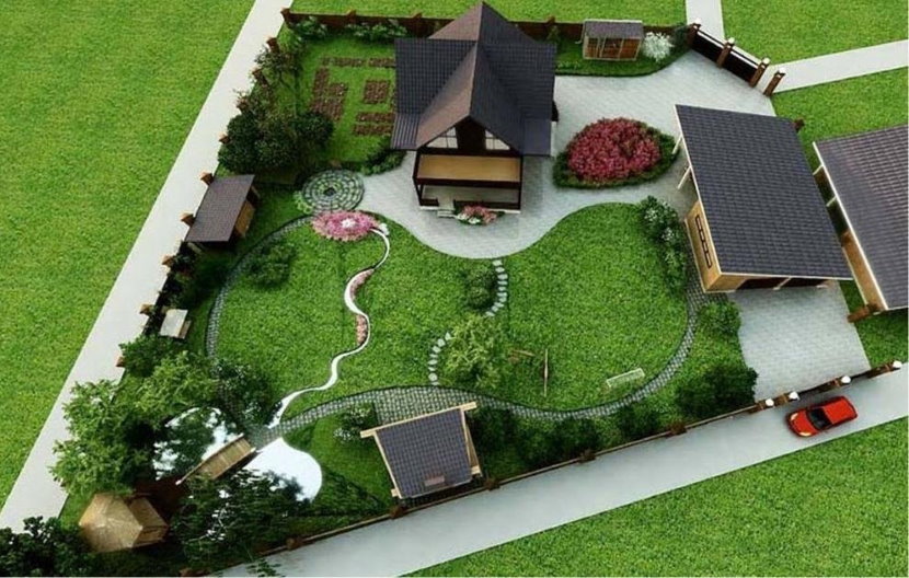 Ontwerpproject van een perceel van 10 hectare met een huis op de achtergrond